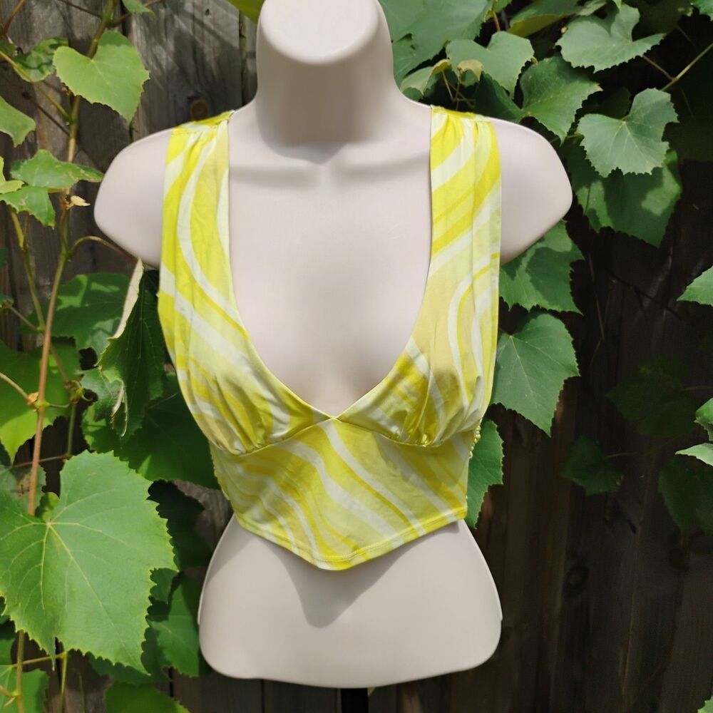 Urban Outfitters Yellow Swirl Cross Back Tie Wrap Crop Top Small Plunge Neck